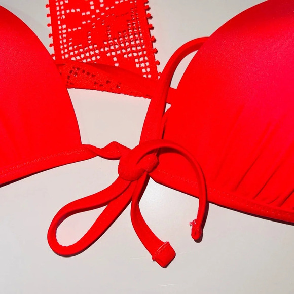 aerie Neon Peach Tie Front Crochet Racerback Triangle Bikini Top Medium Women’s - Picture 3 of 9